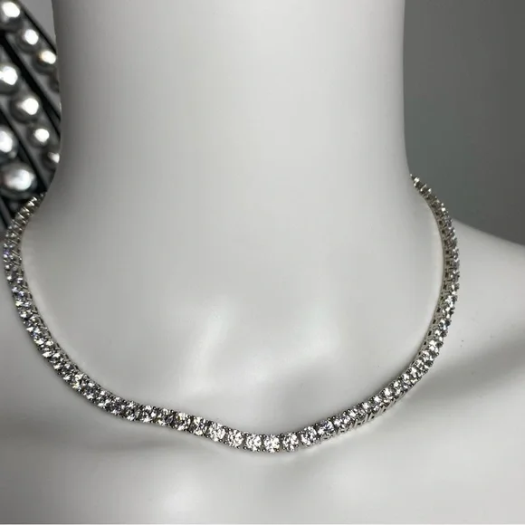 Choker Necklace 925 Sterling Silver China 16” 28.45 Grams Cubic Zircons - Picture 3 of 8